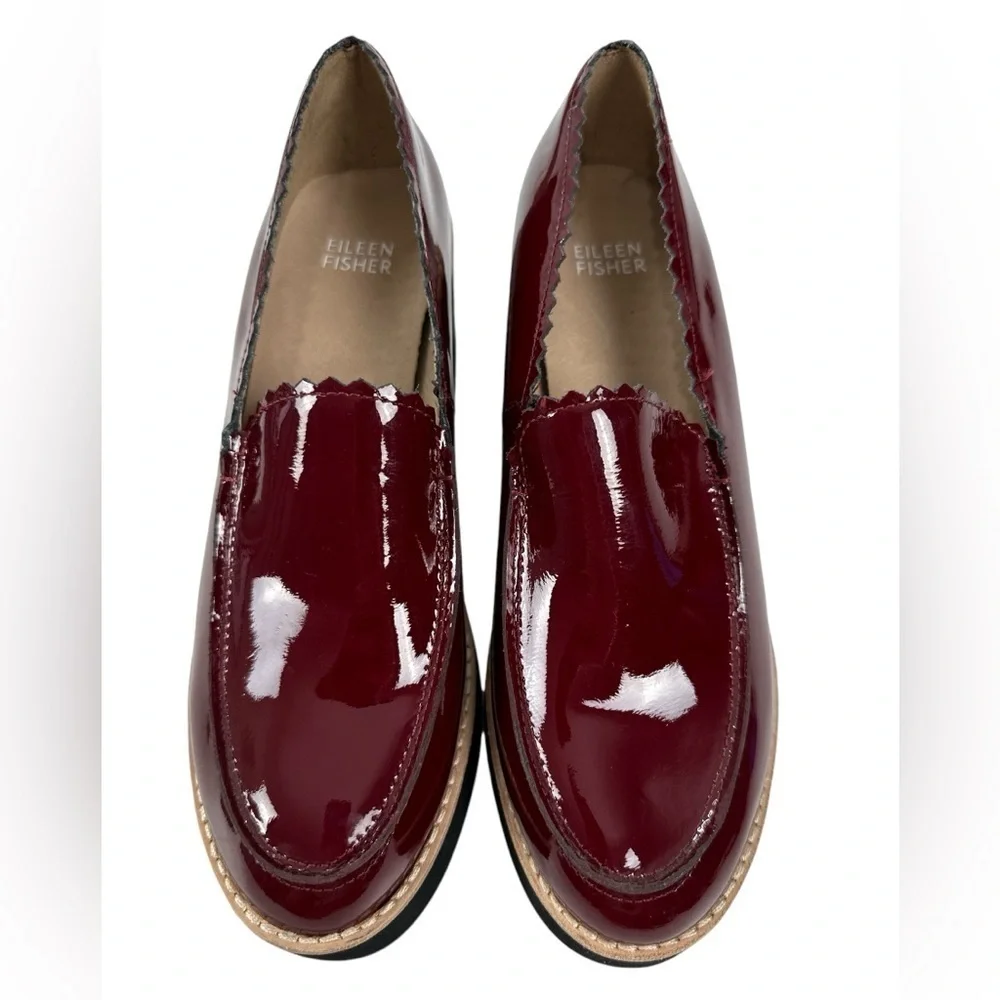 Eileen Fisher Harria Platform Loafer Red Burgundy Glossy Patent Leather Size 7M